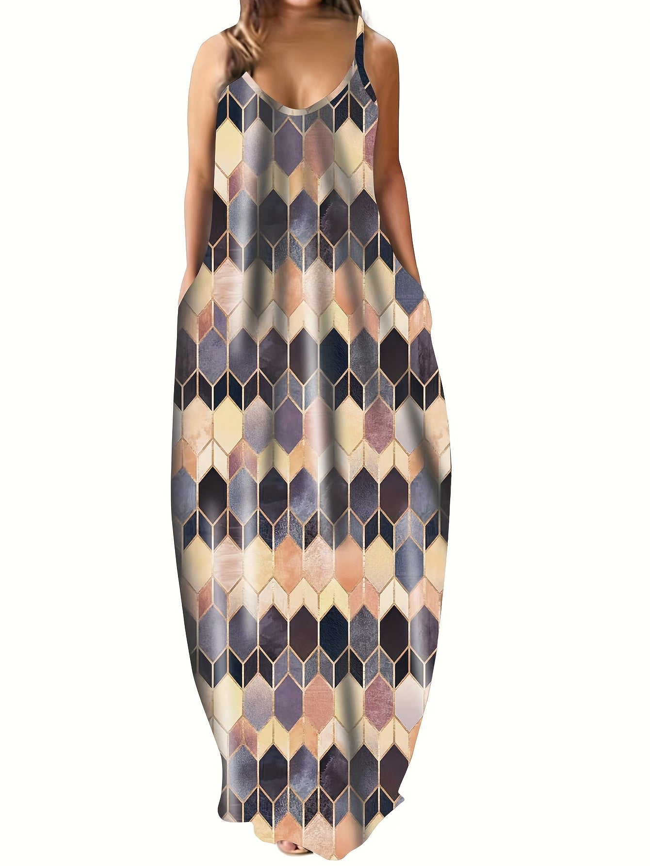  Colorblock Geometric Print Maxi Cami Dress