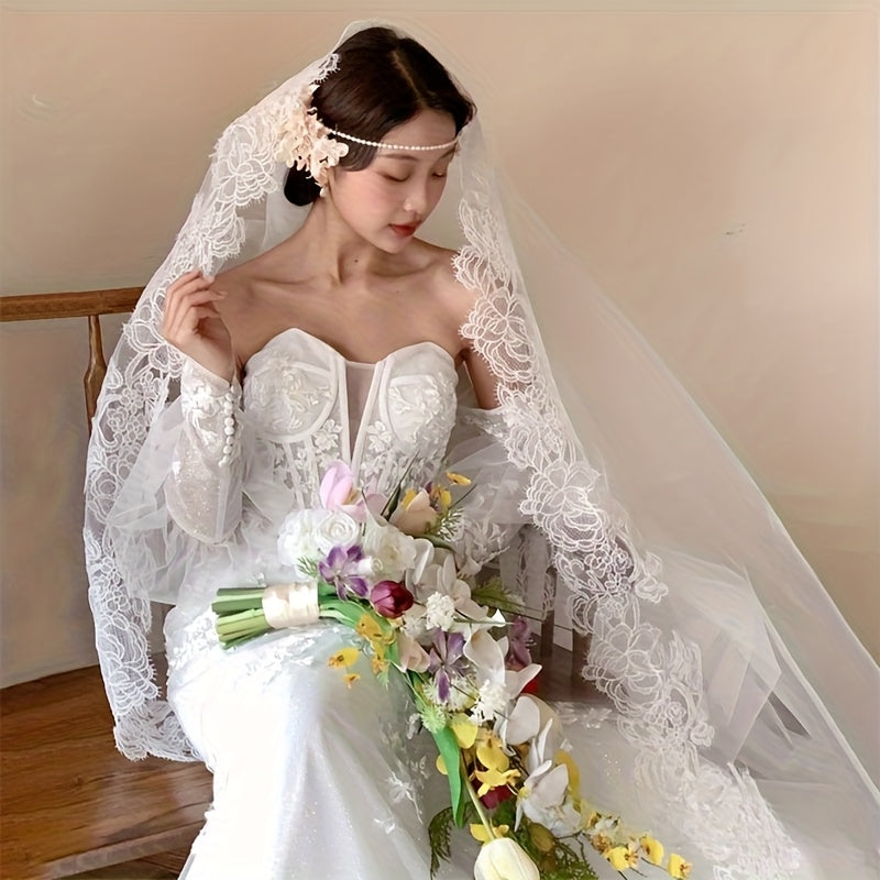 French Vintage Bridal Veil Embroidered Tulle Train