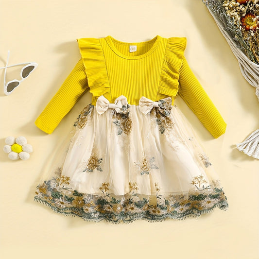 Girls' Embroidered Tulle Bowknot Casual Dresses Kid Girls Fall Winter Outfit