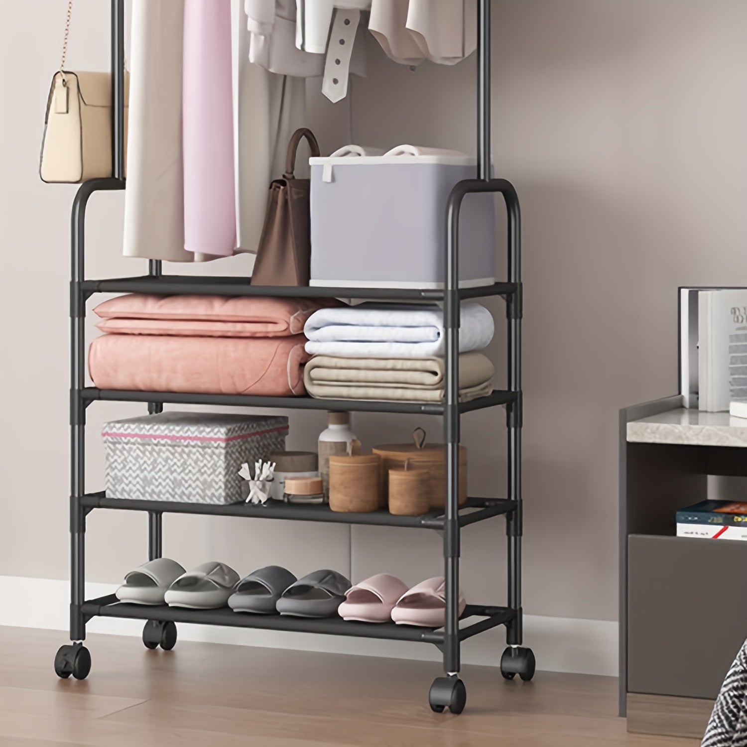 Stylish Garment Rack with Wheels & Hooks - Closet Organizer