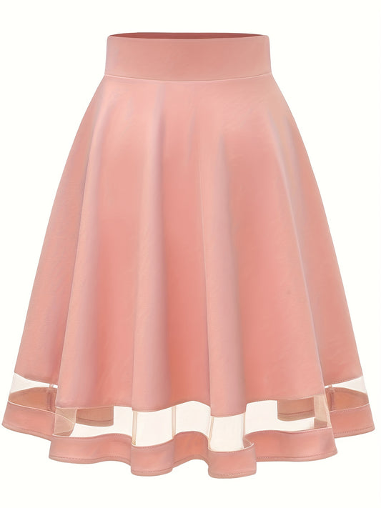 Mesh Splicing Skater Skirts High Waist A Line Solid Skirts