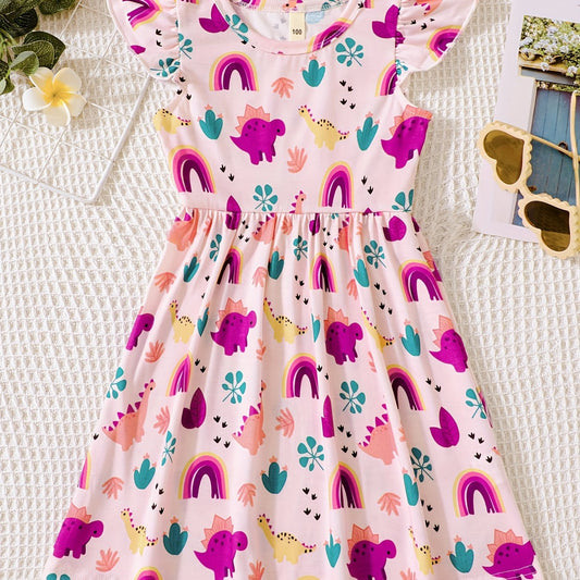 Rainbow Cactus Print Dress Girls Western Style Comfort Fit Summer Spring