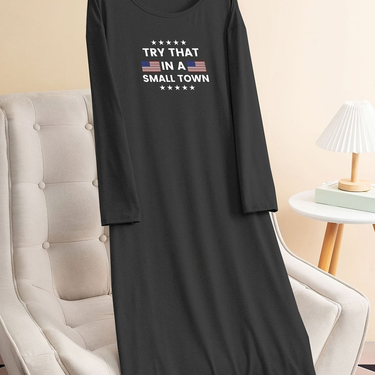  Flag Print Long Sleeve Tee Sleep Dress