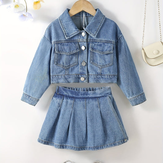 Girl's Denim 2pcs Jacket & Shorts Set Street Style Casual Outfits