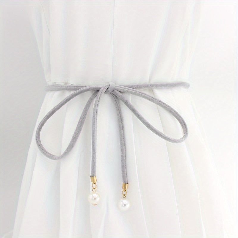 Faux Pearl Pendant Sash Belt Velvet Cloth Knotted Thin Belt