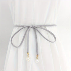 Faux Pearl Pendant Sash Belt Velvet Cloth Knotted Thin Belt