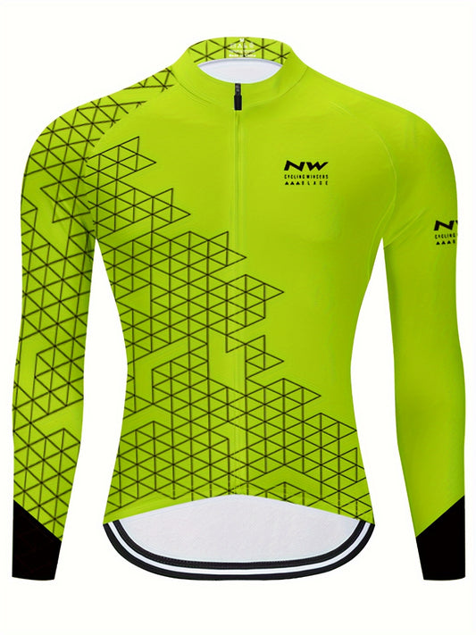 Geometric Print Men's Zip Up Long Sleeve Cycling Jersey