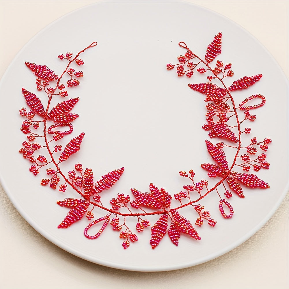 Red Crystal Beaded Hair Band Braided Headband Bridal Wedding Headwear