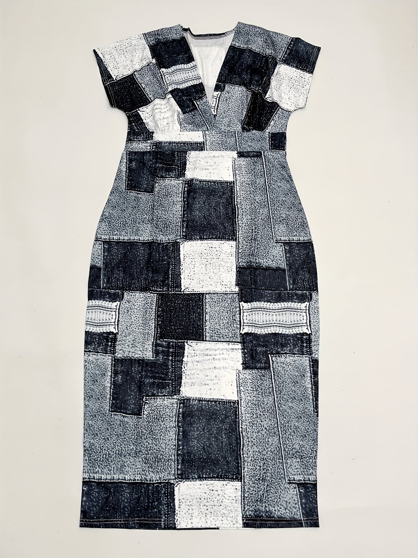  Denim Print V Neck Sleeve Maxi Dress