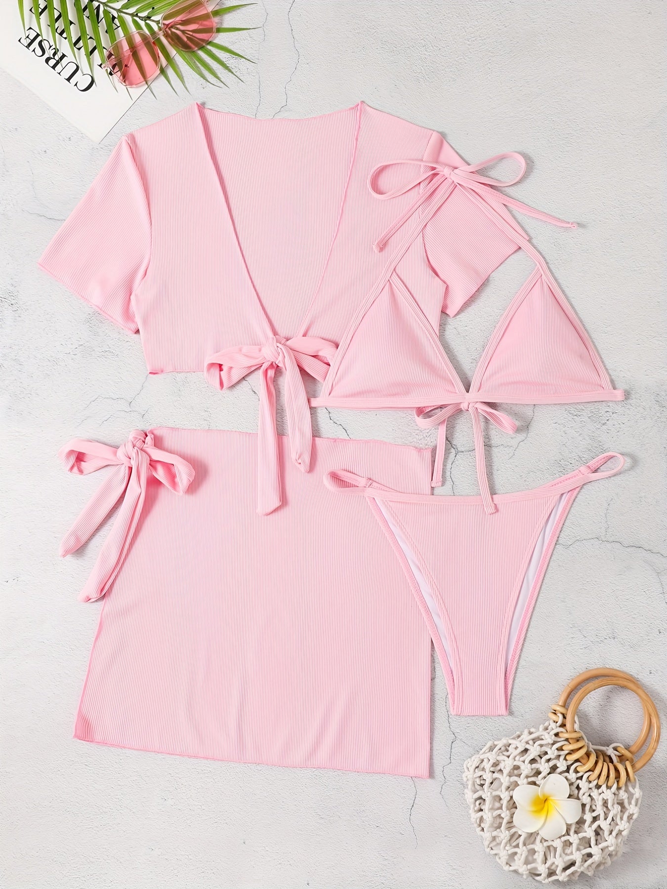 Solid Stretchy Bikini Set Halter V Neck High Cut With Cover Up