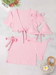 Solid Stretchy Bikini Set Halter V Neck High Cut With Cover Up