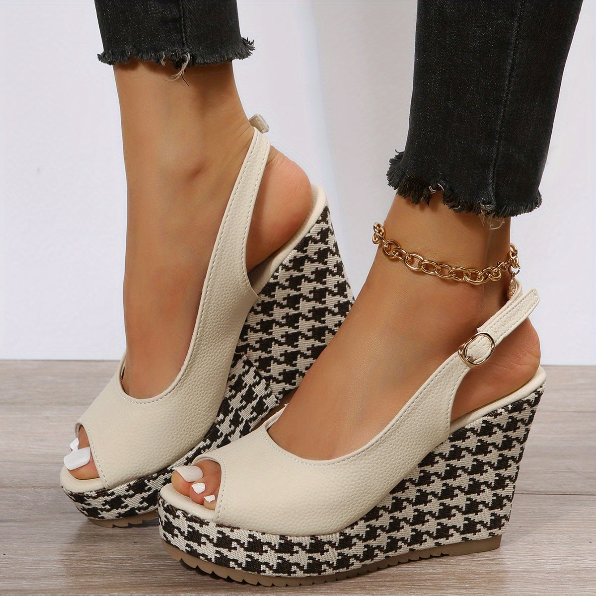 Women's Houndstooth Platform Wedge Sandals Peep Toe Buckle Strap Slingback Heels
