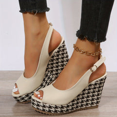 Women's Houndstooth Platform Wedge Sandals Peep Toe Buckle Strap Slingback Heels