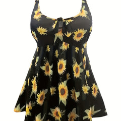Sunflower Print Cut Out Tie Front Cami Dress Women's Plus