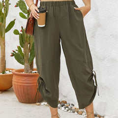  Solid Side Tie Ruched High Rise Wide Leg Pants