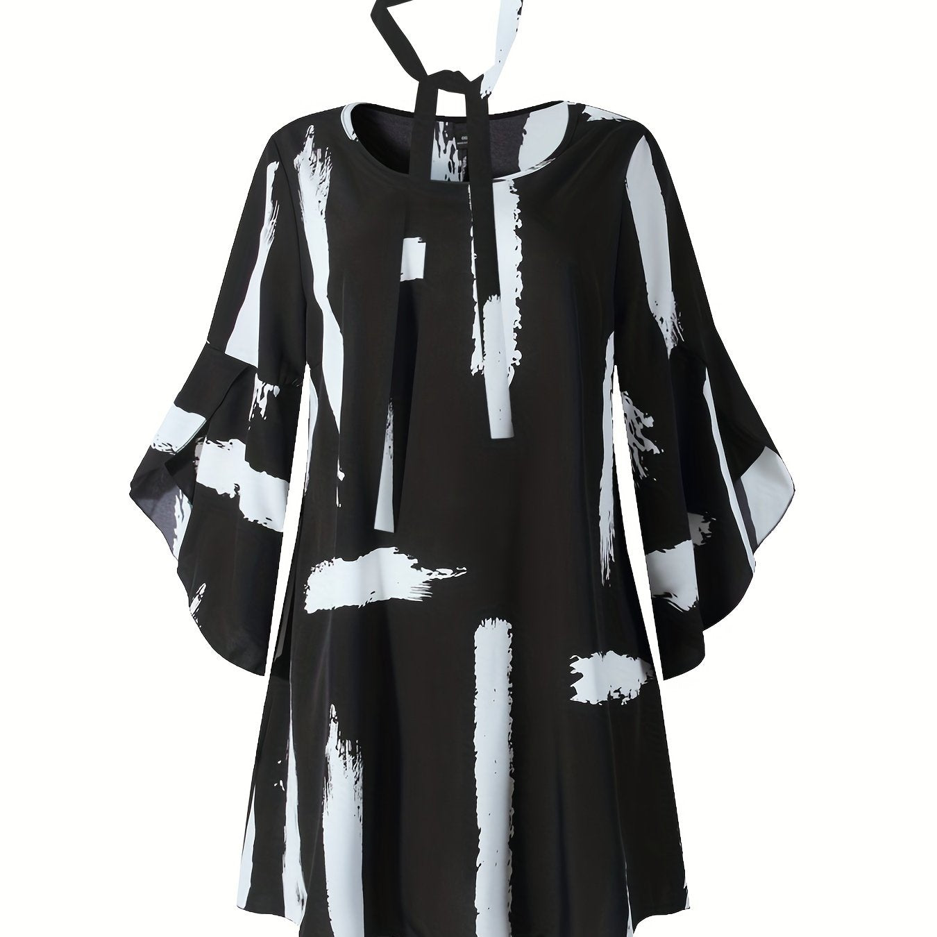  Brush Print Bell Sleeve Dress With Belt