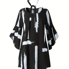  Brush Print Bell Sleeve Dress With Belt