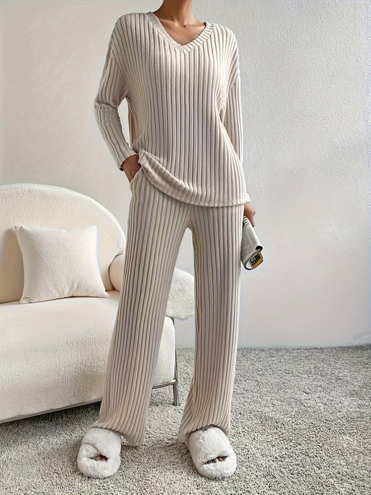  Solid Ribbed Long Sleeve V Neck Top & Pants Outfit Set