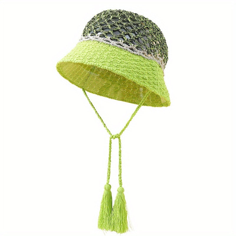 Y2K Hollow Crochet Bucket Hat Gradient Boho Straw Cloche Hats Women