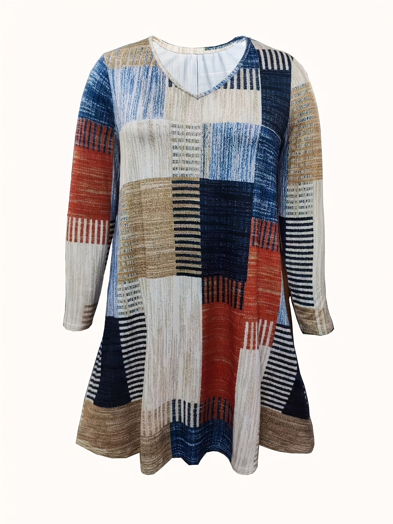  Patchwork Print Long Sleeve V Neck Mini Dress