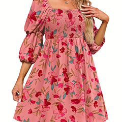 Floral Print Shirred Square Neck Dress Casual Three quarter Sleeve Dress