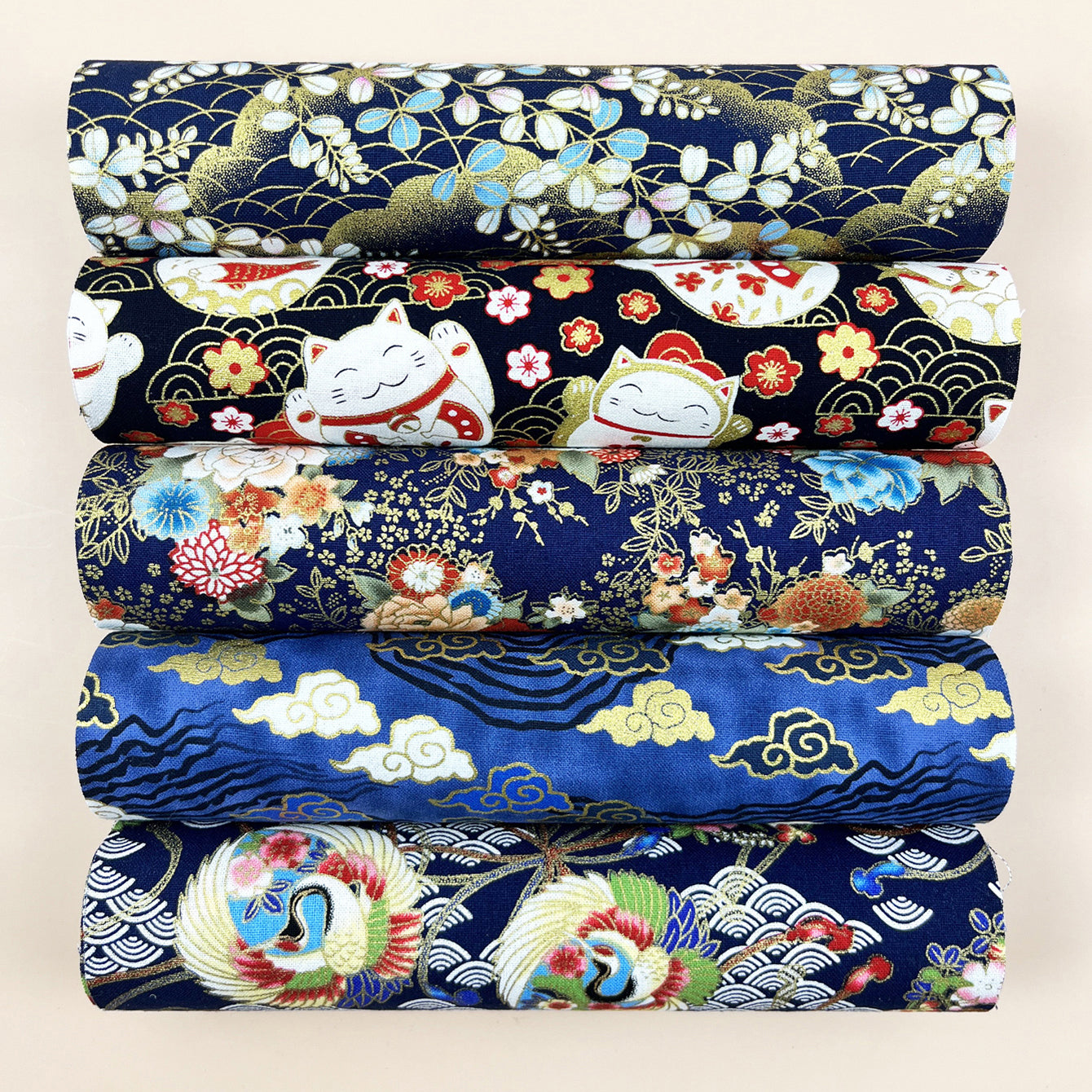 5pcs Dark Cotton Fabric Cat & Flower Printed Cheongsam Fabric
