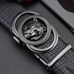 Men's Calfskin Leather Lion Head Buckle Belt Snake Pattern Business Belt