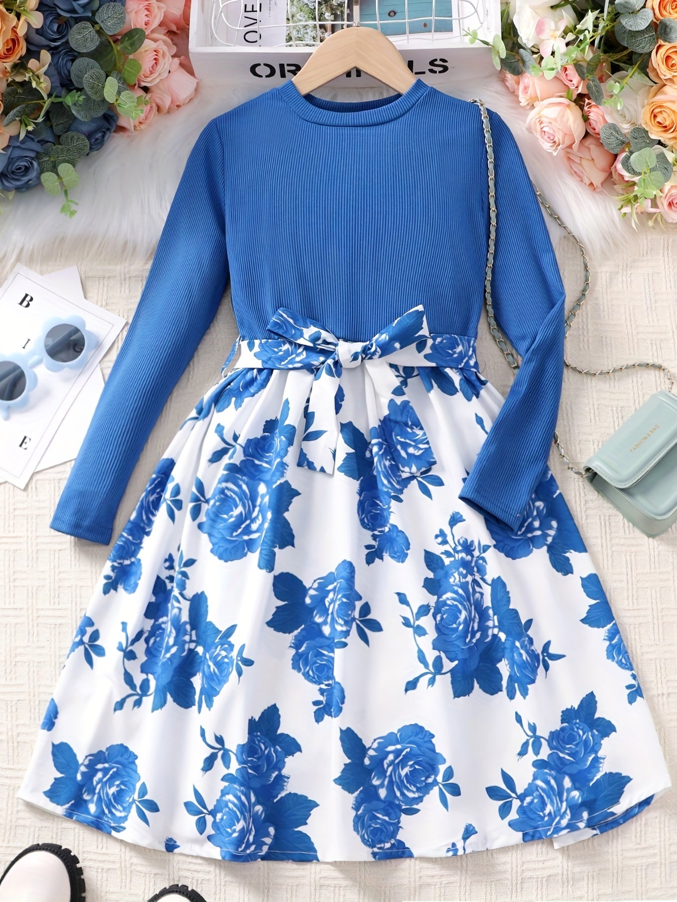 Girls Long Sleeves Flowers Splicing Belted Dress For Party Kids Spring Clothes