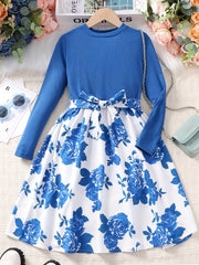 Girls Long Sleeves Flowers Splicing Belted Dress For Party Kids Spring Clothes