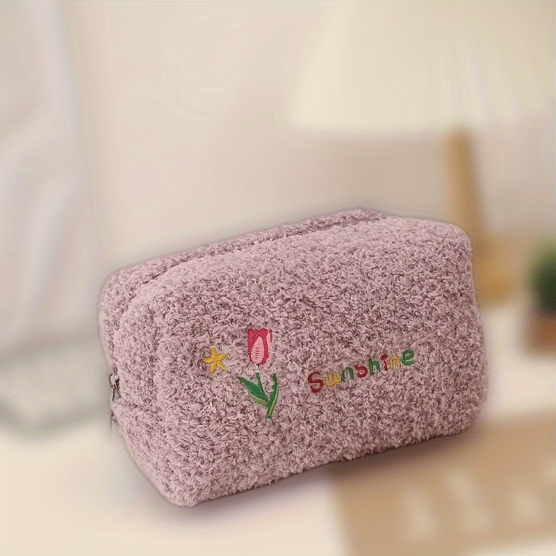 Embroidered Makeup Bag Plush Zip Toiletry Travel Organizer Gift