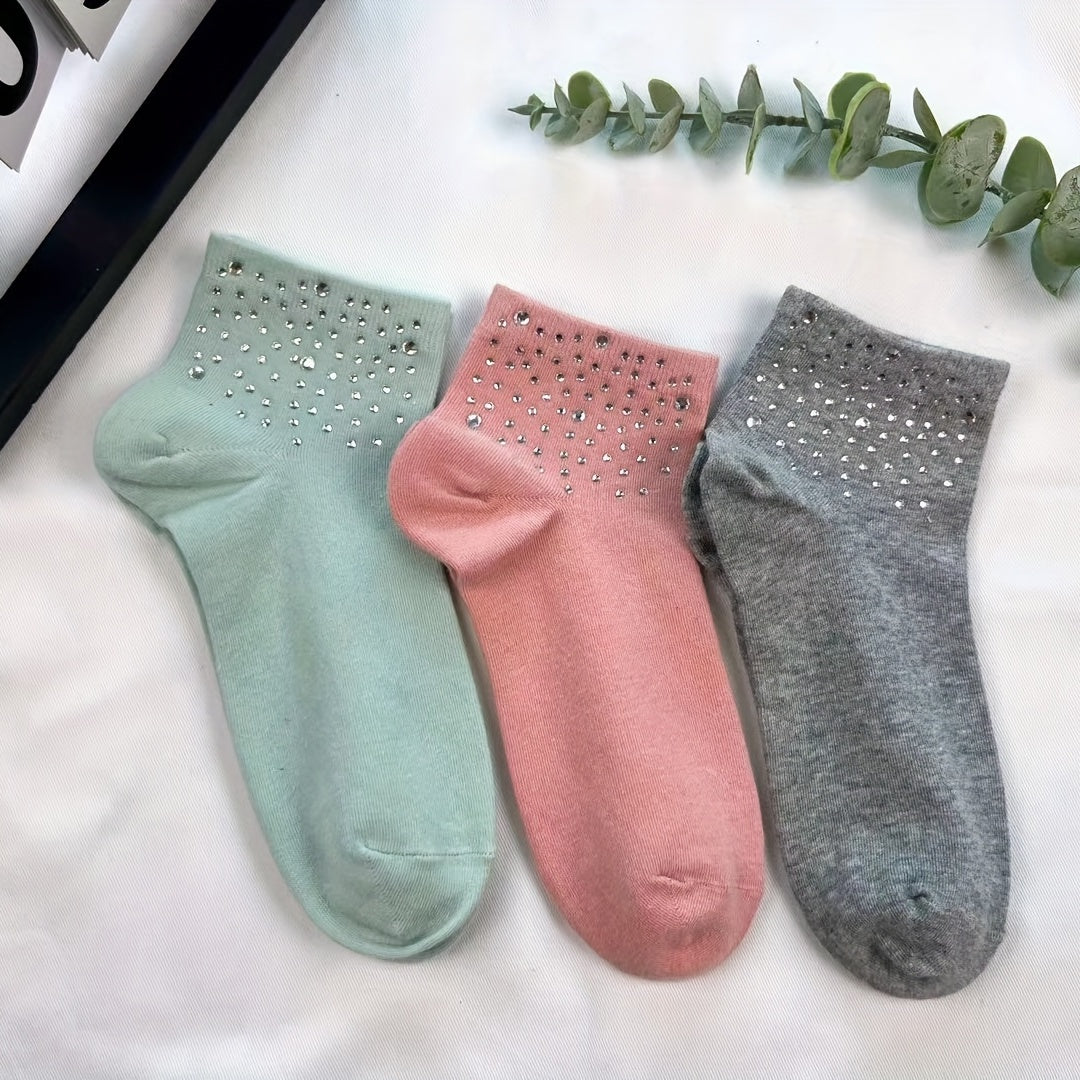 Polka Dot Rhinestone Crew Socks, Soft & Warm Women's Stockings