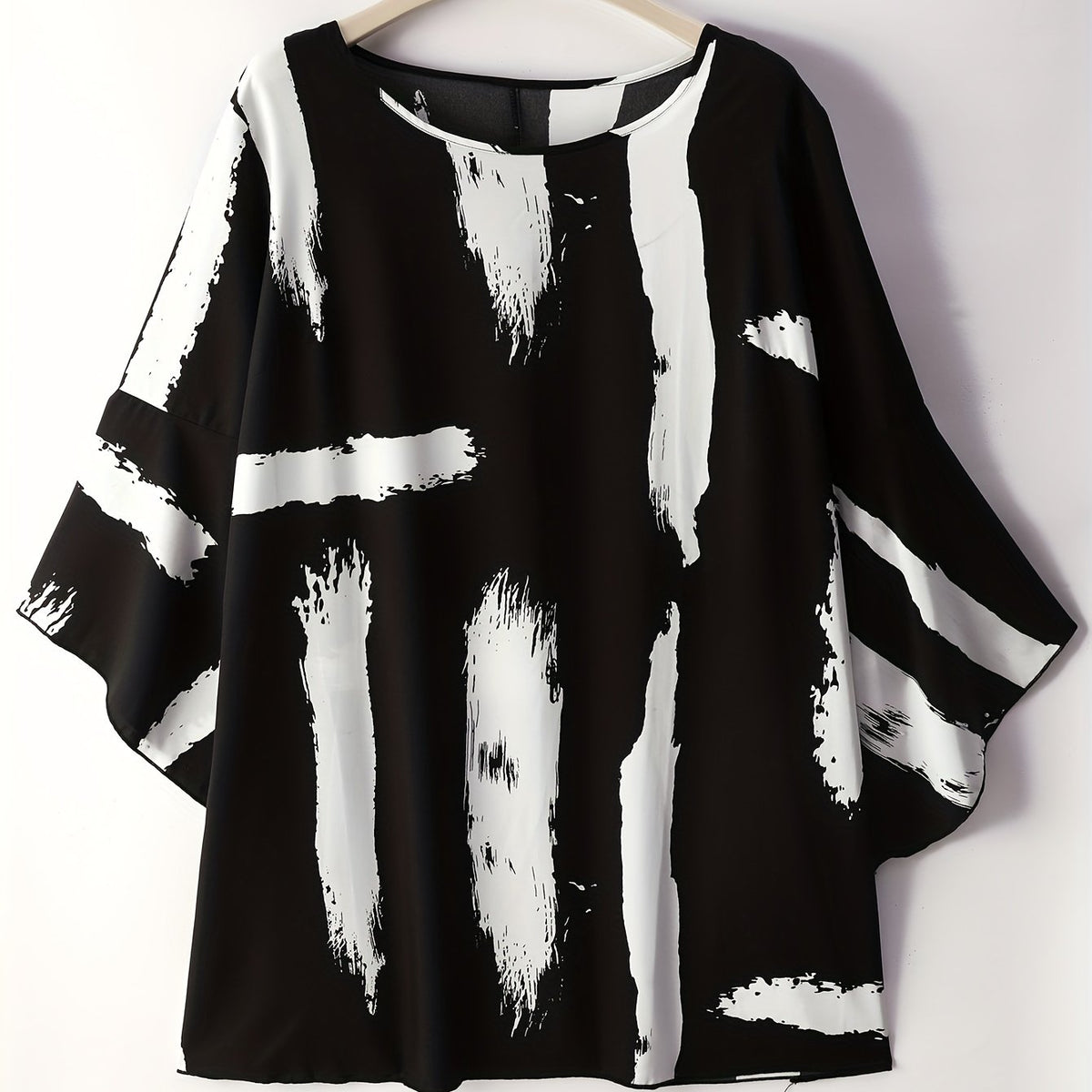  Bell Sleeve Brush Print Mini Dress