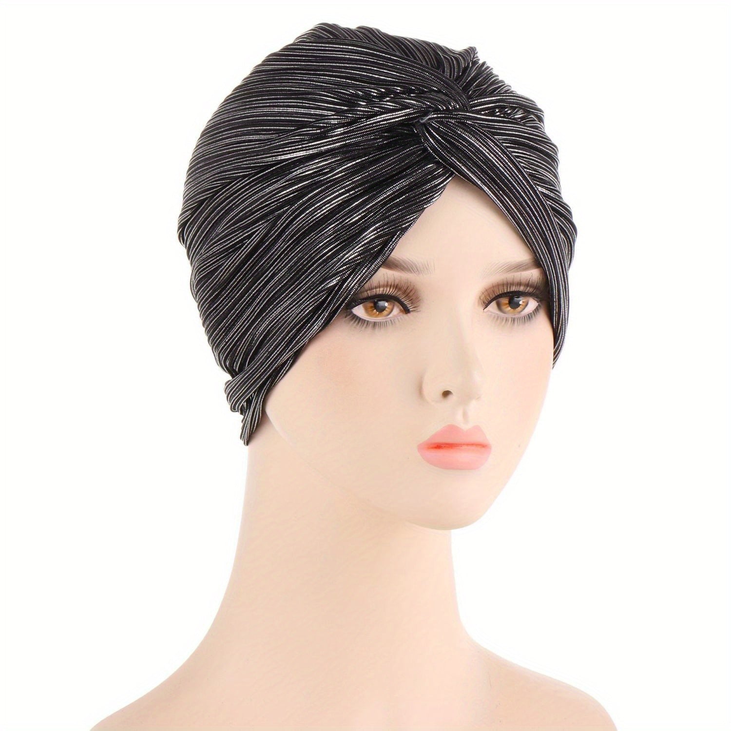 Pleated Striped Turban Cap Solid Head Wrap Classic Head Scarf