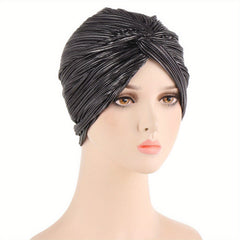 Pleated Striped Turban Cap Solid Head Wrap Classic Head Scarf