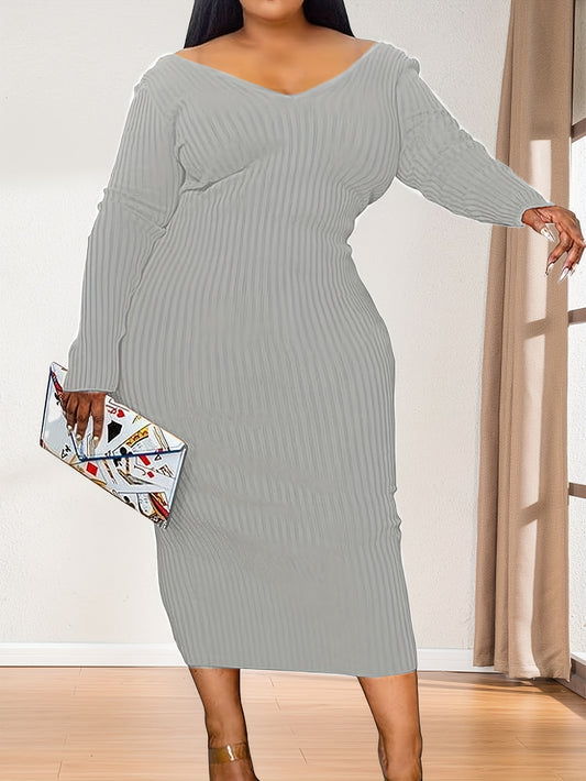  V Neck Ribbed Knit Bodycon Sweater Dress