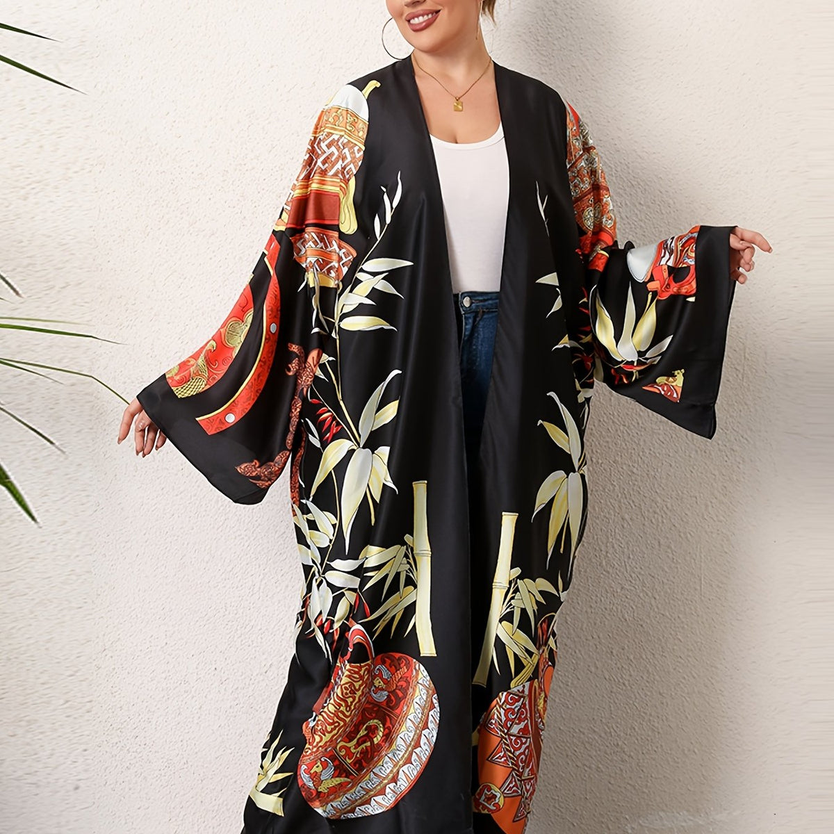  Boho Kimono Tribal Print Long Sleeve Beachwear