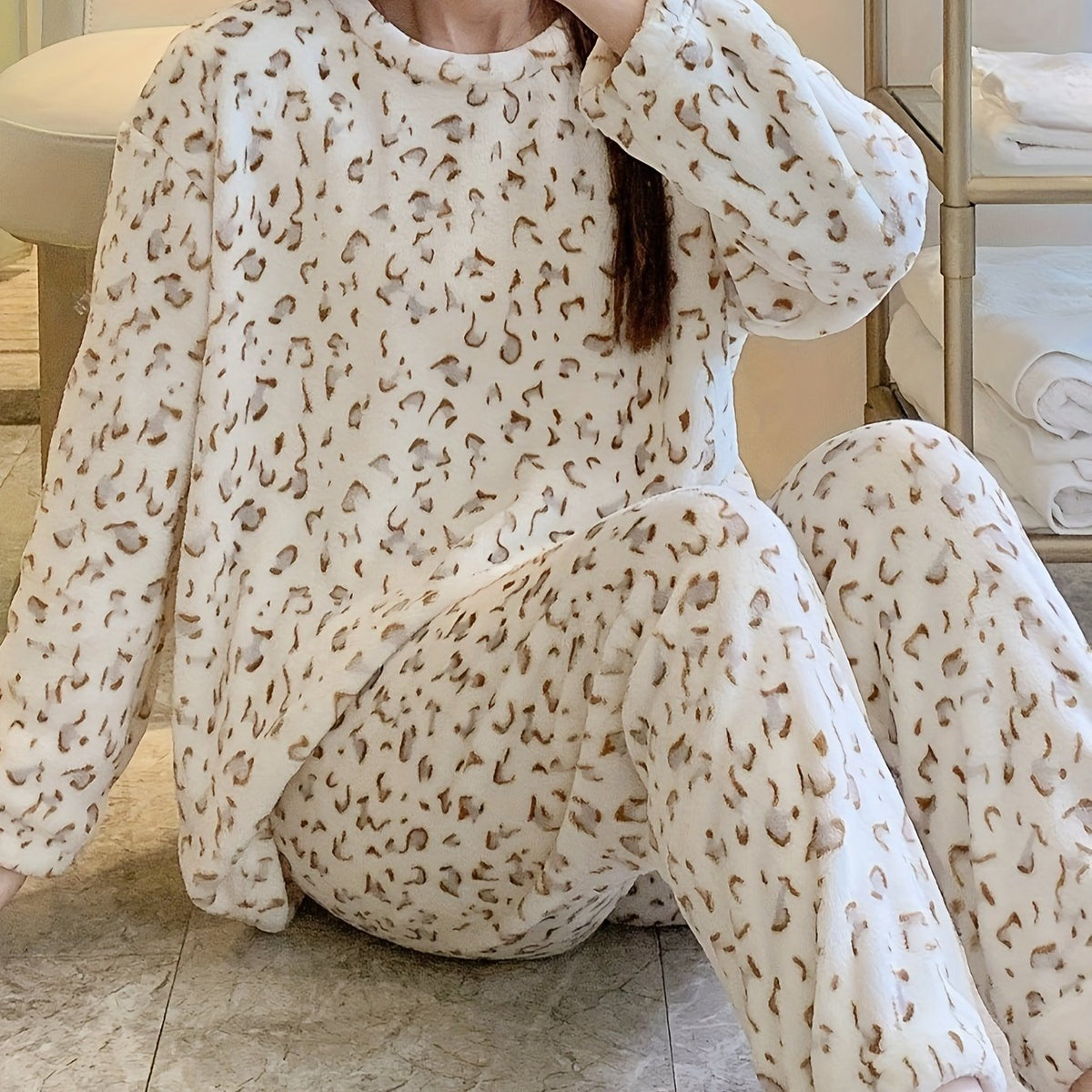 Leopard Print Lounge Set Crew Neck Top & Pants Women's Loungewear