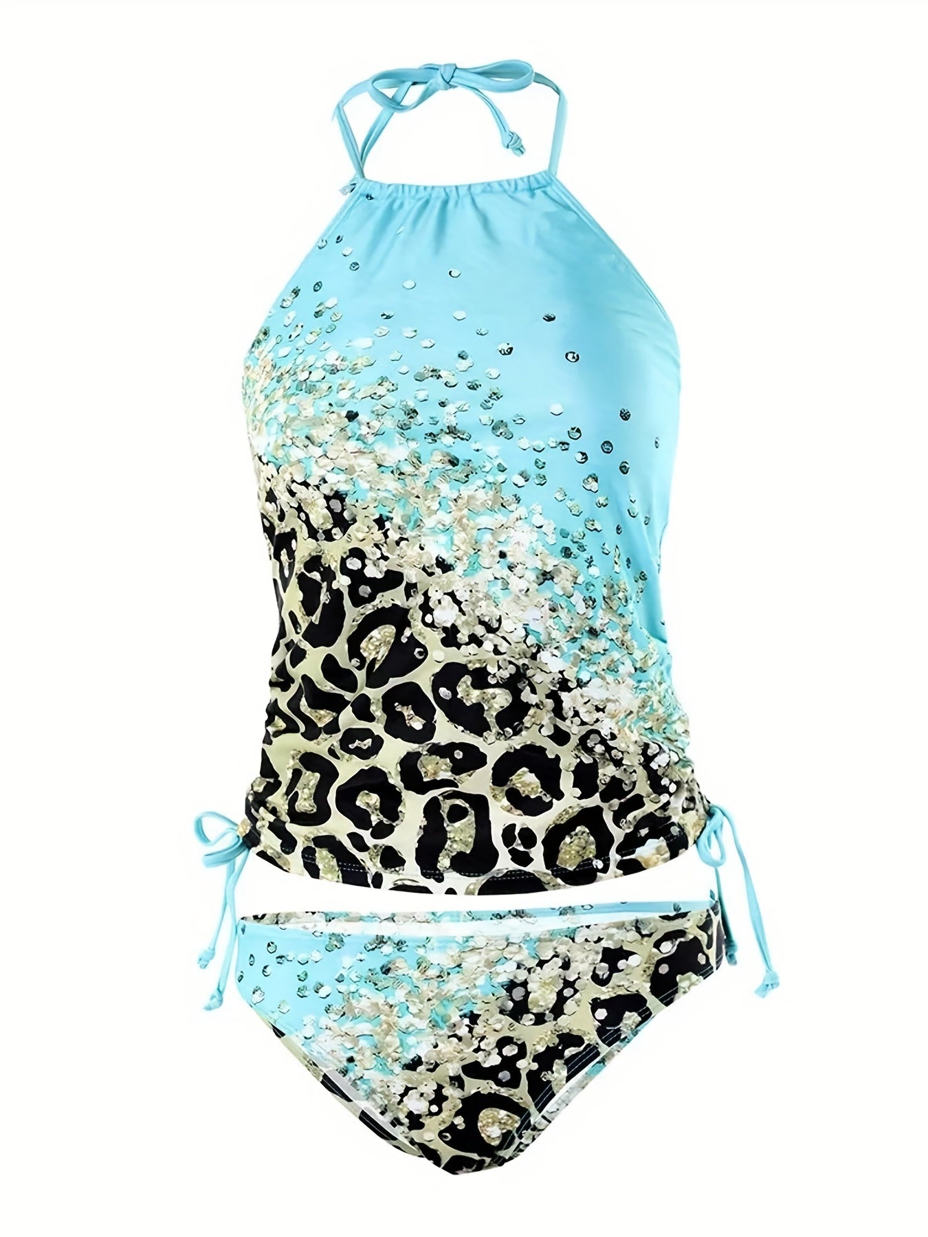 Leopard Glitter Print Block Cyan 2 Piece Set Tankini