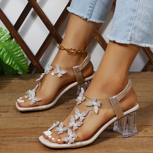 Women's Butterfly Chunky Heels Open Toe Slip On Sandals