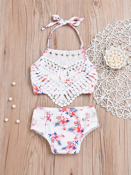Girls Mermaid Fish Scales Swimsuit Lace Halter Bikini Swimwear