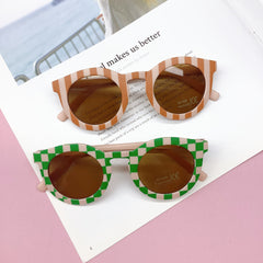 Girls Plaid & Striped Round Frame Sunglasses UV Protection