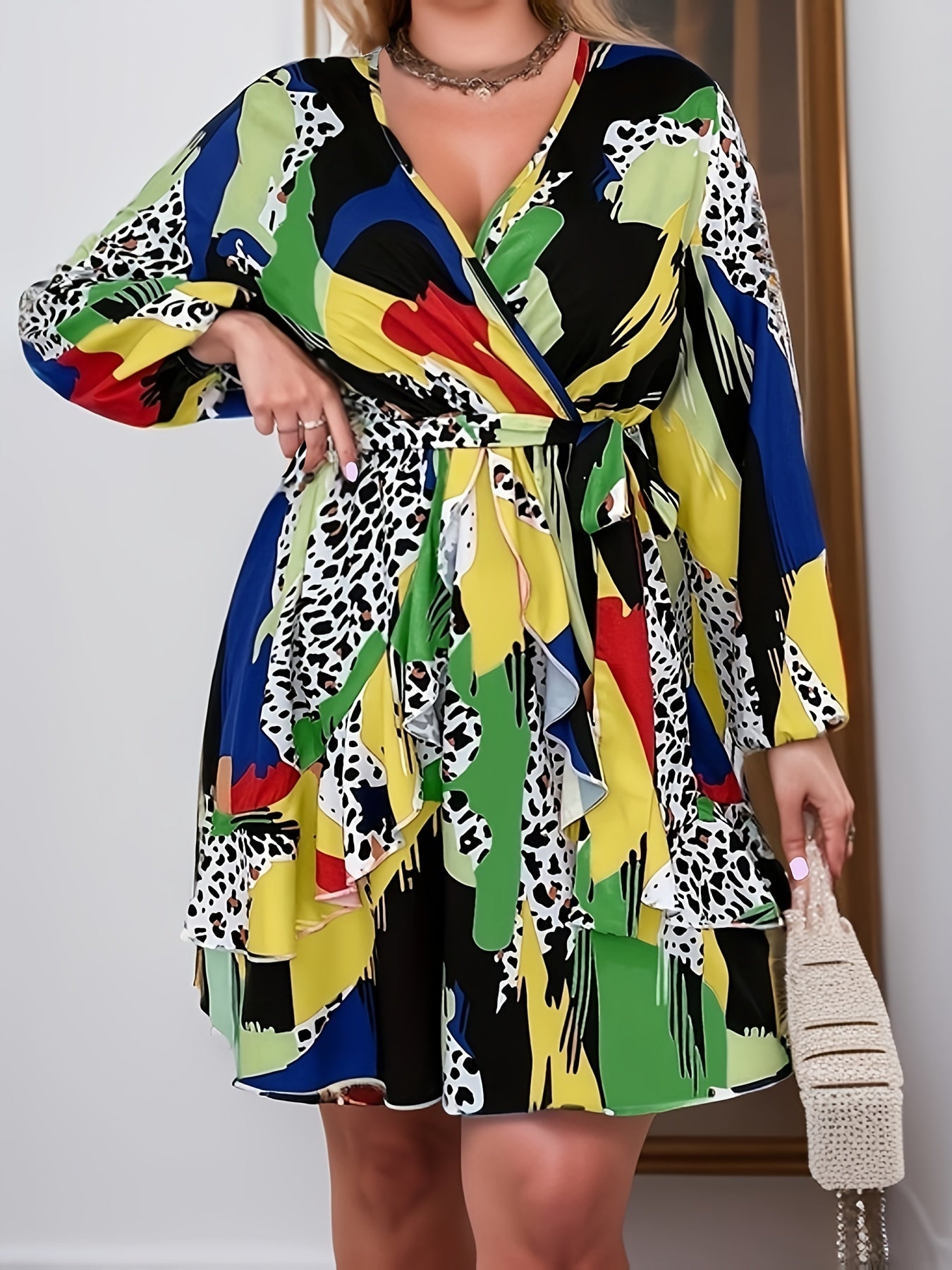  Colorblock Leopard Print Ruffle Long Sleeve Dress
