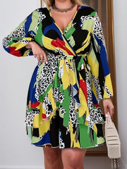  Colorblock Leopard Print Ruffle Long Sleeve Dress