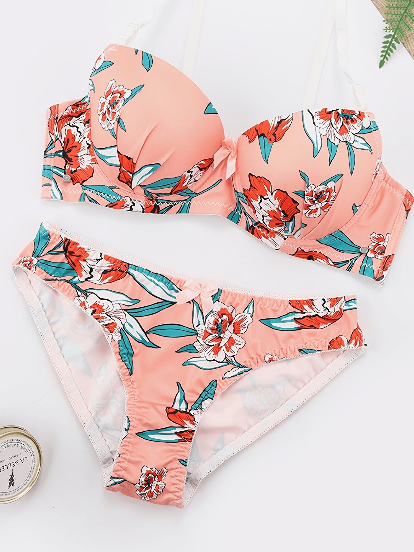 Flower Print Anti-Light Lingerie Set Push Up Bra & Bikini Panties