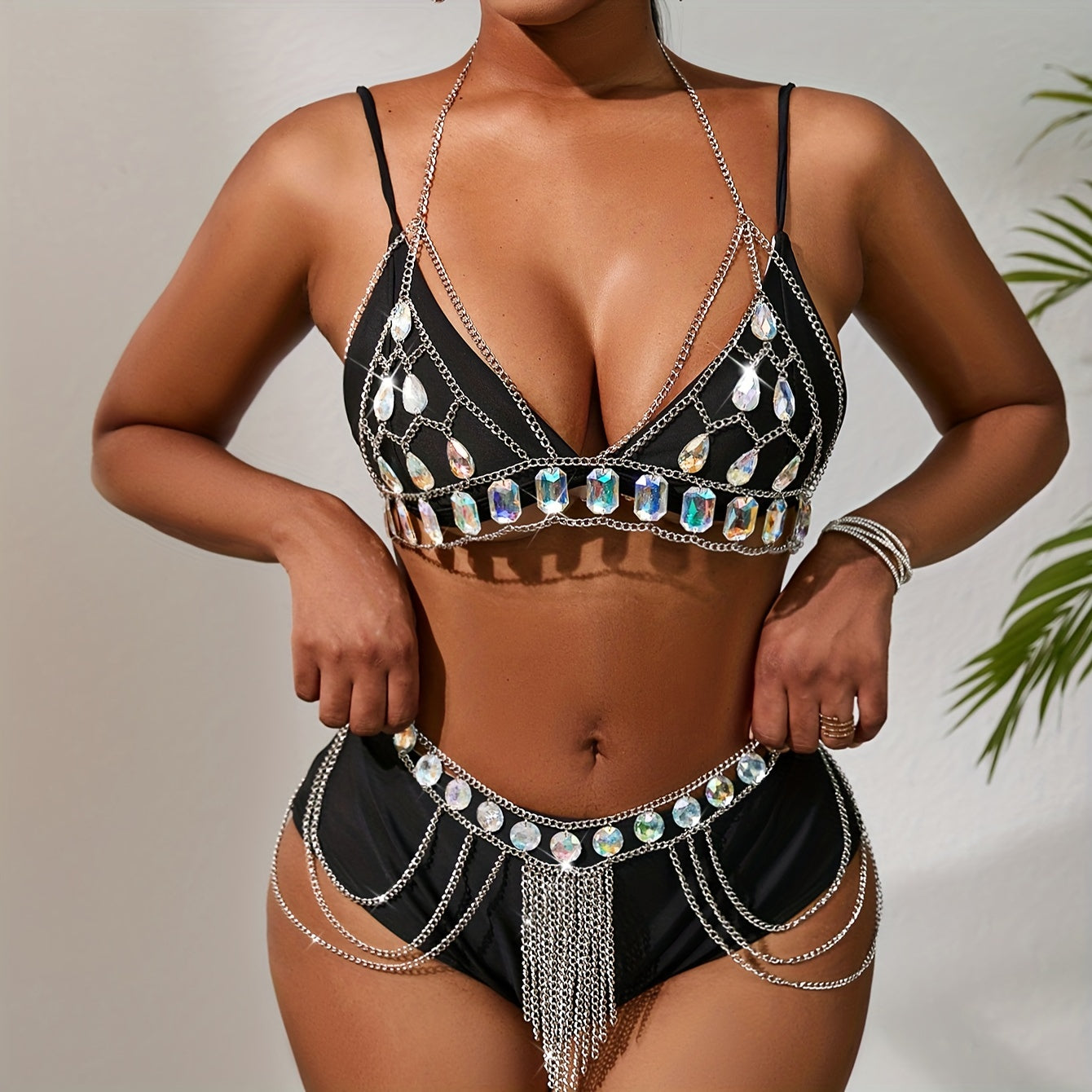 Rhinestone Chain Harness Sexy Cage Bra