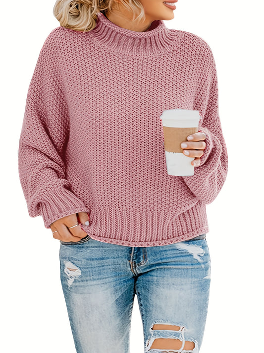  Casual Sweater Women's Solid Knitted Long Sleeve Mock Neck Pullover