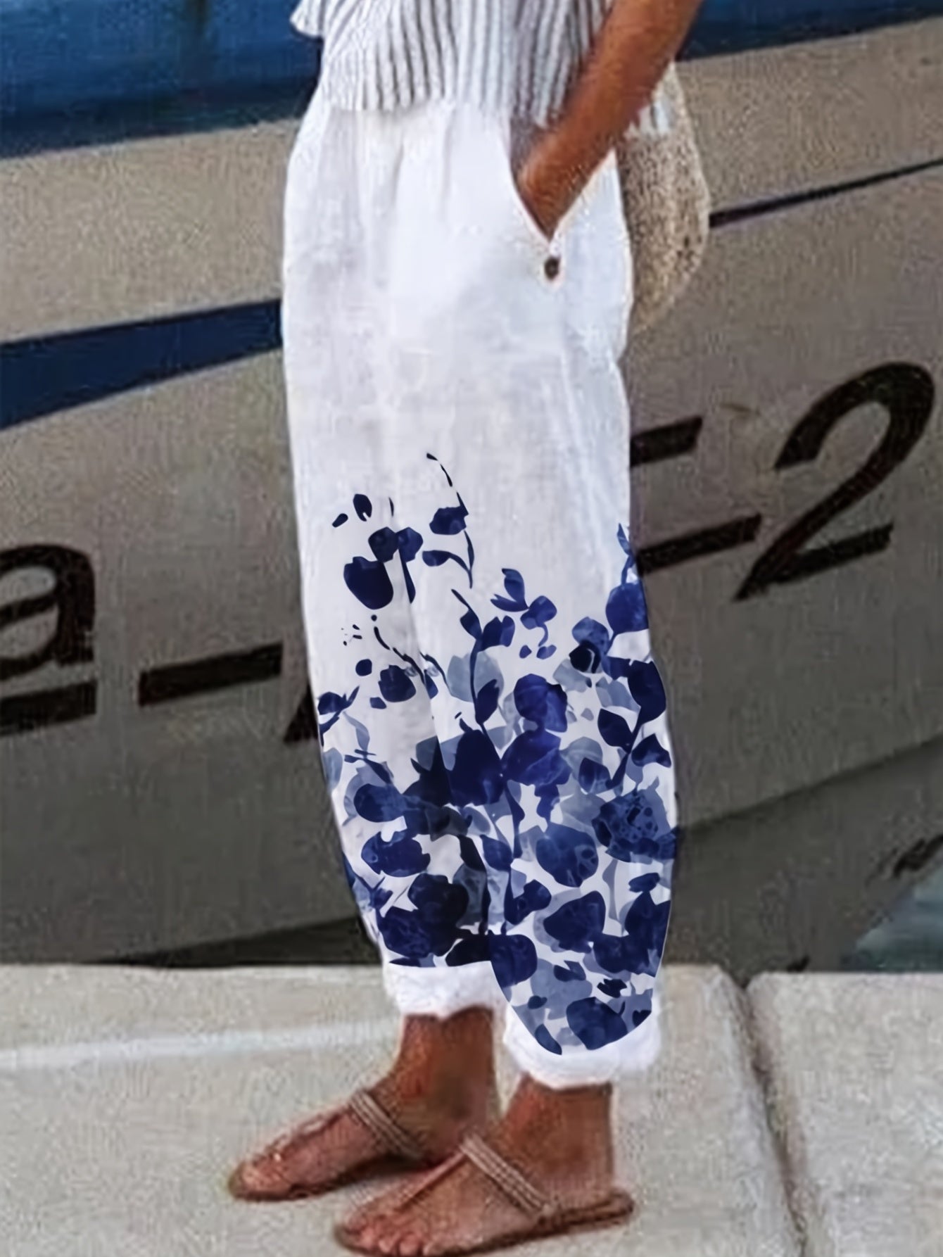  Floral Print Elastic Trousers Pockets