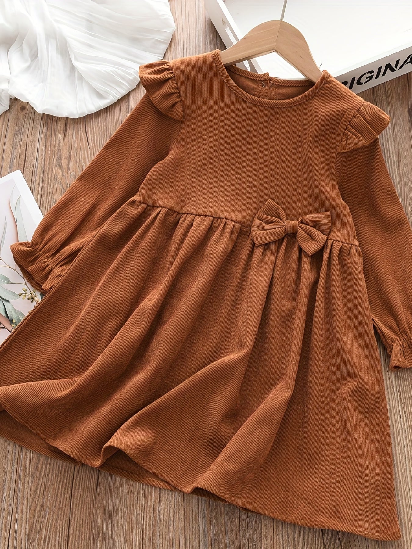 Girls' Corduroy Bow Ruffle Swing Dress for Party Holiday