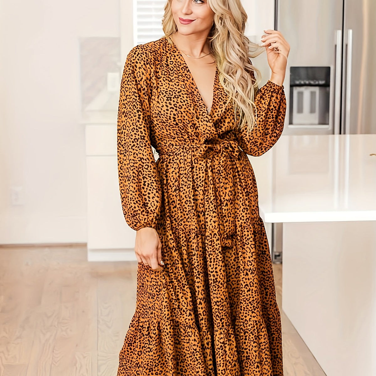  Women's Leopard Print Lantern Sleeve Maxi Dress
