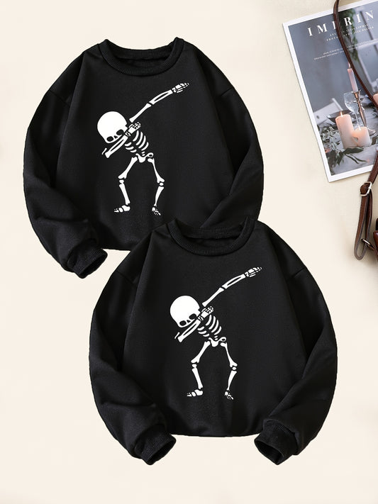 2pcs Skeleton Dancing Print Boys Sweatshirt Long Sleeve Crew Neck Tops